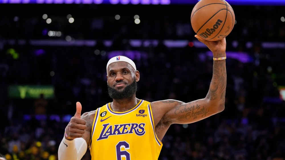 Los Angeles Lakers forward LeBron James after passing Kareem Abdul-Jabbar to become the NBA's all-time leading scorer on Feb. 7, 2023, in Los Angeles.
