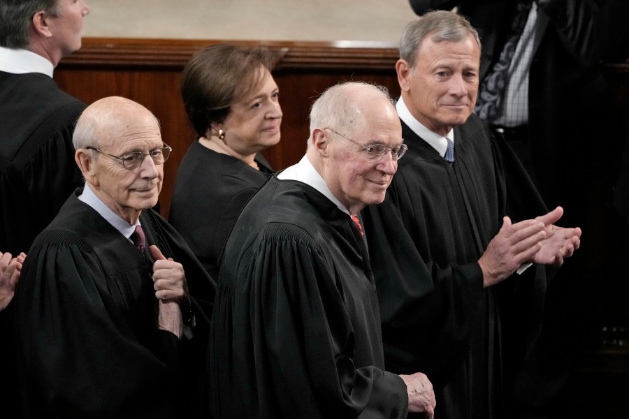 From left, retired Supreme Court Justice Stephen Breyer, Justice Elena Kagan, retired Justice Anthony Kennedy, and Chief Justice John Roberts attend the State of the Union address on Feb. 7, 2023.