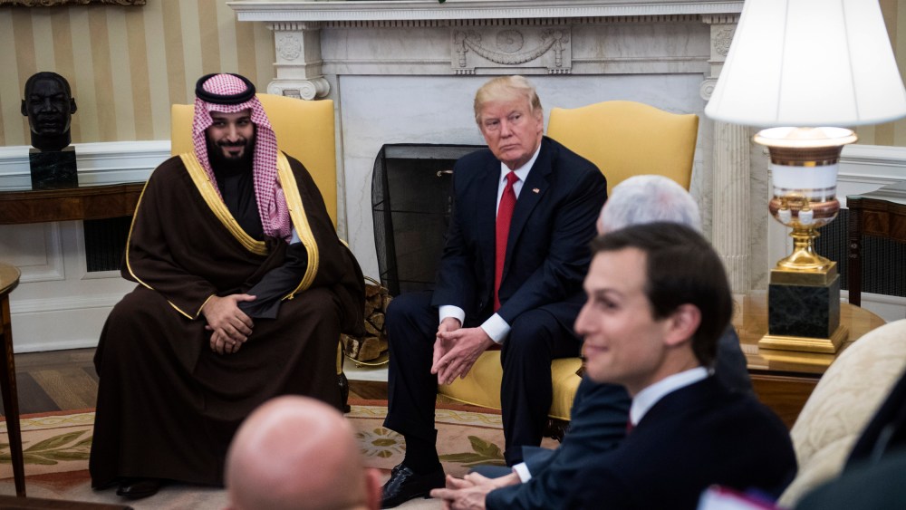 Image: Then-President Donald Trump meets with Saudi Crown Prince Mohammed bin Salman bin Abdulaziz Al Saud and senior adviser Jared Kushner in the Oval Office in 2017.