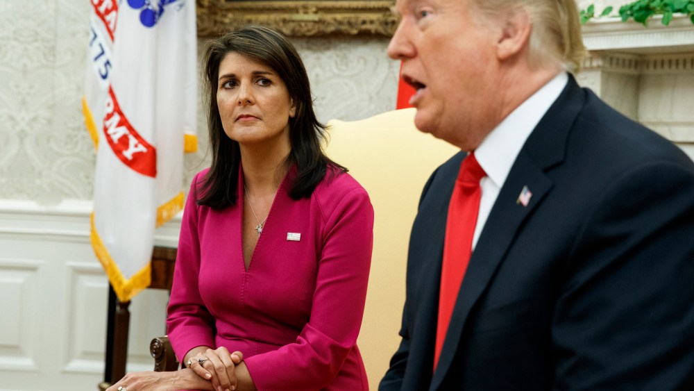 President Donald Trump speaks during a meeting with then-U.S. Ambassador to the United Nations Nikki Haley in the Oval Office of the White House in Washington, D.C.