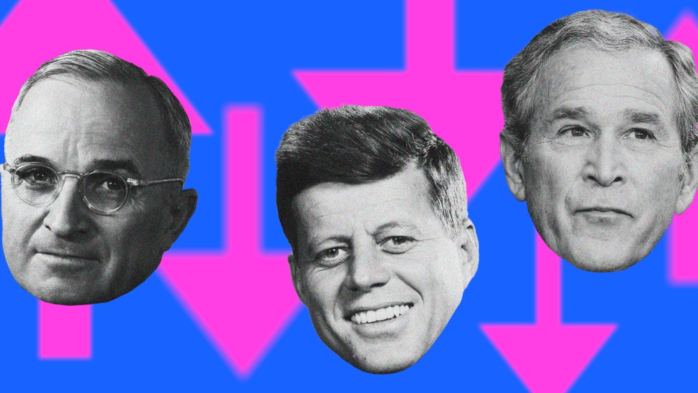 Photo illustration of Presidents Harry Truman, John F. Kennedy and George W. Bush with up and down arrows.