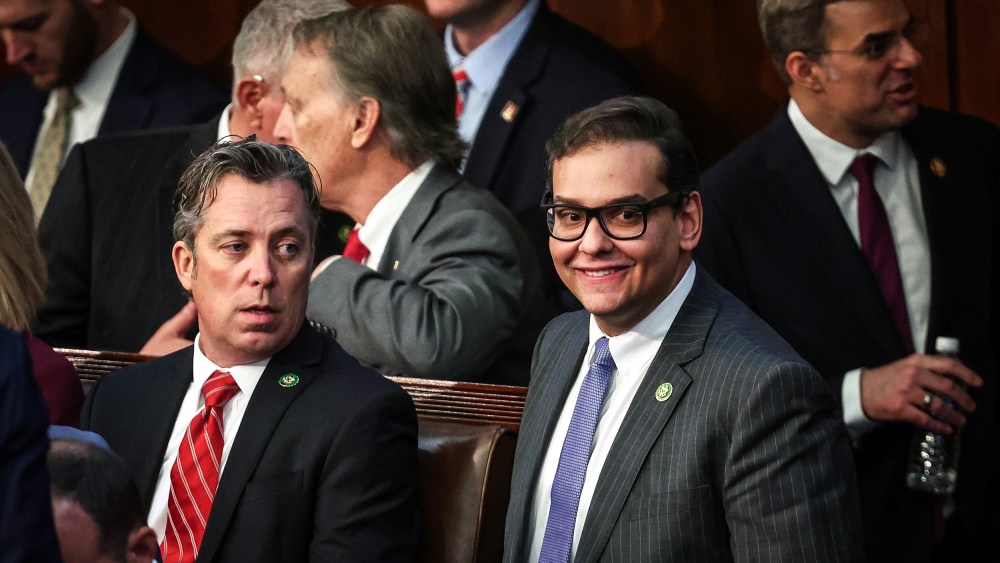 Image: Rep.-elect George Santos, R-N,Y., talks to Rep.-elect Andy Ogles, R-Tenn., in the House Chamber during the second day of elections for Speaker of the House at the U.S. Capitol on Jan. 4, 2023.