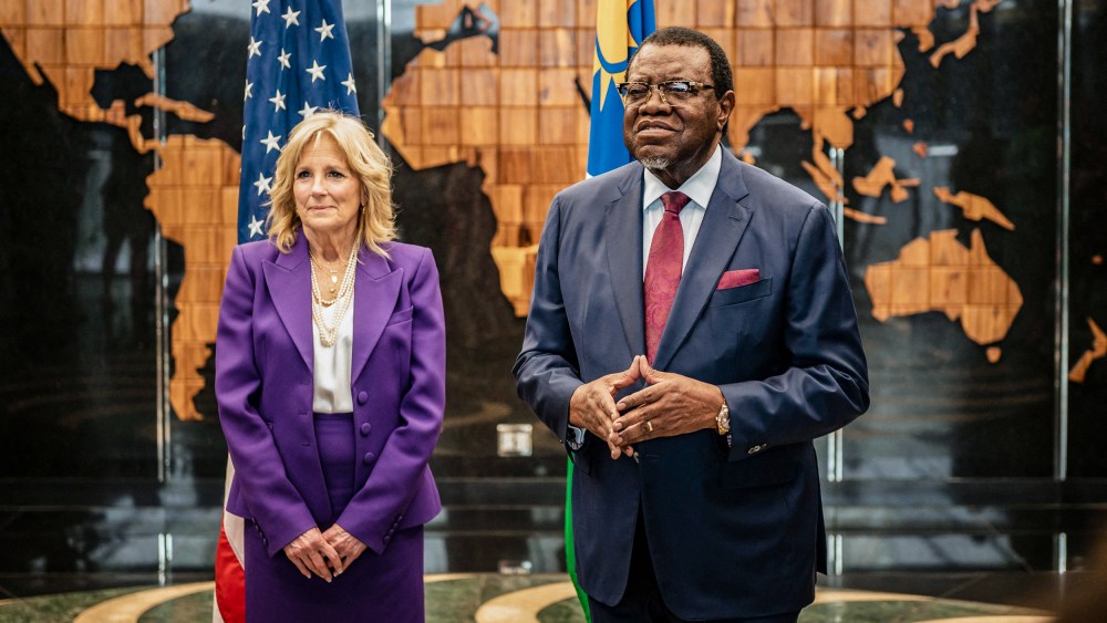Image: Namibian President Hage Geingob and U.S. first lady Jill Biden at the State House in Windhoek on Feb. 22, 2023.