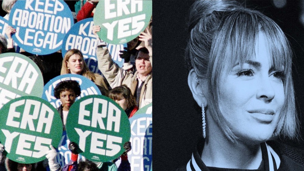 Photo Illustration: An archival image of protestors holding "ERA YES" signs, and Alyssa Milano