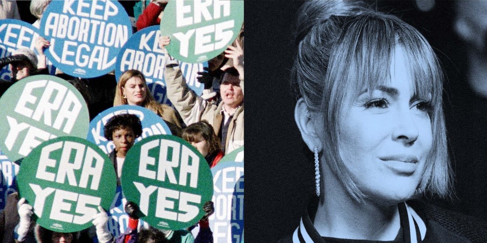 Photo Illustration: An archival image of protestors holding "ERA YES" signs, and Alyssa Milano