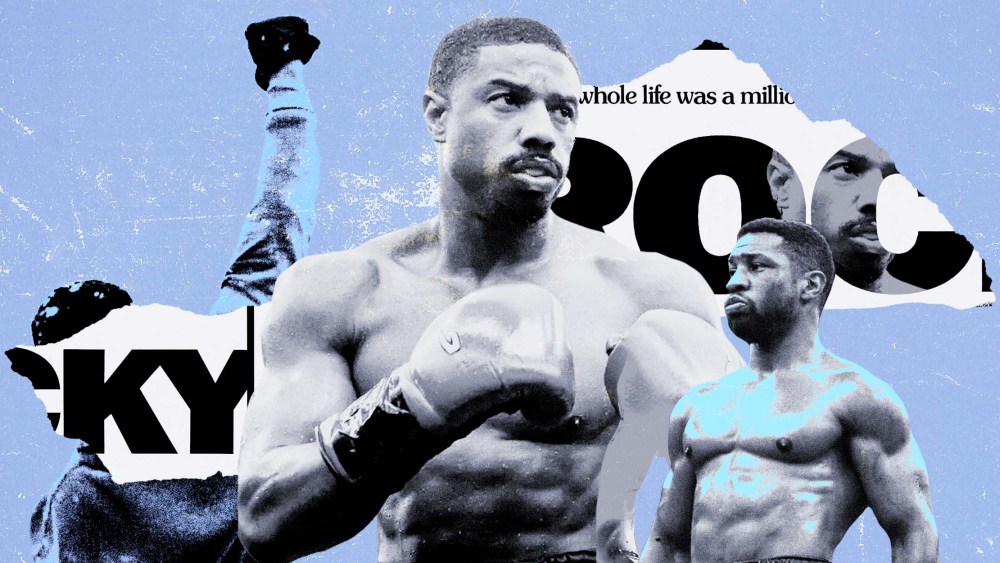 Photo Illustration: A collage of images including Michael B. Jordan as Adonis Creed, the actor Jonathan Majors, Sylvester Stallone as Rocky Balboa raising his fist, and scraps of the original "Rocky" (1976) movie poster