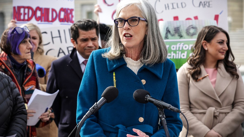 Image: House Minority Whip Rep. Katherine Clark, D-Mass., speaks during a news conference in front of the U.S. Capitol on Feb. 7, 2023.