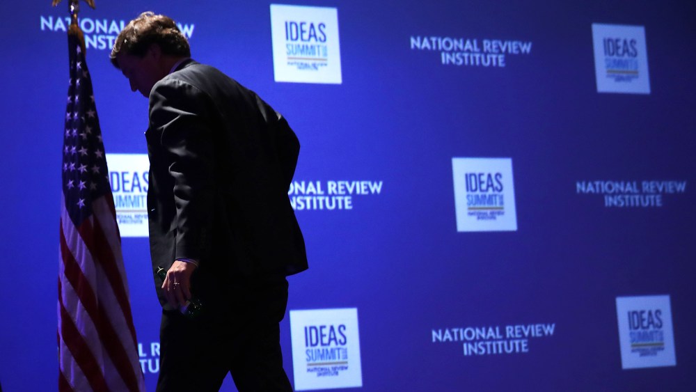 WASHINGTON, DC - MARCH 29: Fox News host Tucker Carlson leaves the stage after talking about 'Populism and the Right' during the National Review Institute's Ideas Summit at the Mandarin Oriental Hotel March 29, 2019 in Washington, DC. Carlson talked about a large variety of topics including dropping testosterone levels, increasing rates of suicide, unemployment, drug addiction and social hierarchy at the summit, which had the theme 'The Case for the American Experiment.'
