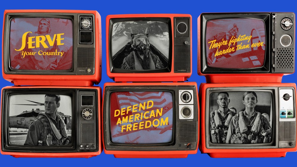 Photo illustration: Stacked television screens with alternating images from Top Gun: Maverick and vintage wartime propaganda.