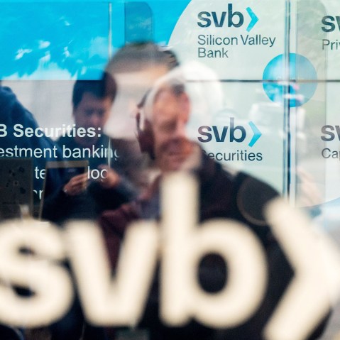 People outside Silicon Valley Bank headquarters.