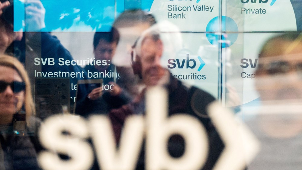 People outside Silicon Valley Bank headquarters.