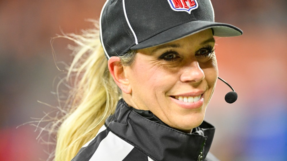 NFL down judge Sarah Thomas during the first half of a game between the Cleveland Browns and the Baltimore Ravens on Dec. 17, 2022, in Cleveland.