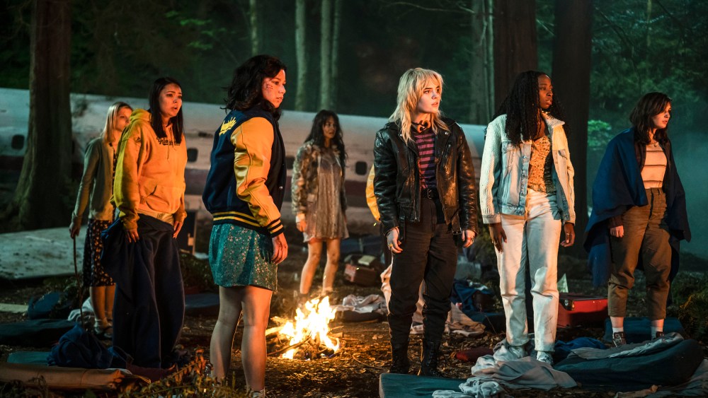 Jane Widdop as Laura Lee, Alexa Barajas Plante as Mari, Mya Lowe as Yellowjacket #1, Courtney Eaton as Lottie, Sophie Thatcher as Natalie, Princess Davis as Yellowjackets #2 and Sophie Nélisse as Shauna in "Yellowjackets."