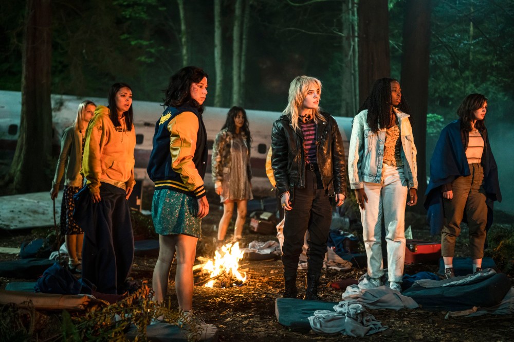 Jane Widdop as Laura Lee, Alexa Barajas Plante as Mari, Mya Lowe as Yellowjacket #1, Courtney Eaton as Lottie, Sophie Thatcher as Natalie, Princess Davis as Yellowjackets #2 and Sophie Nélisse as Shauna in "Yellowjackets."
