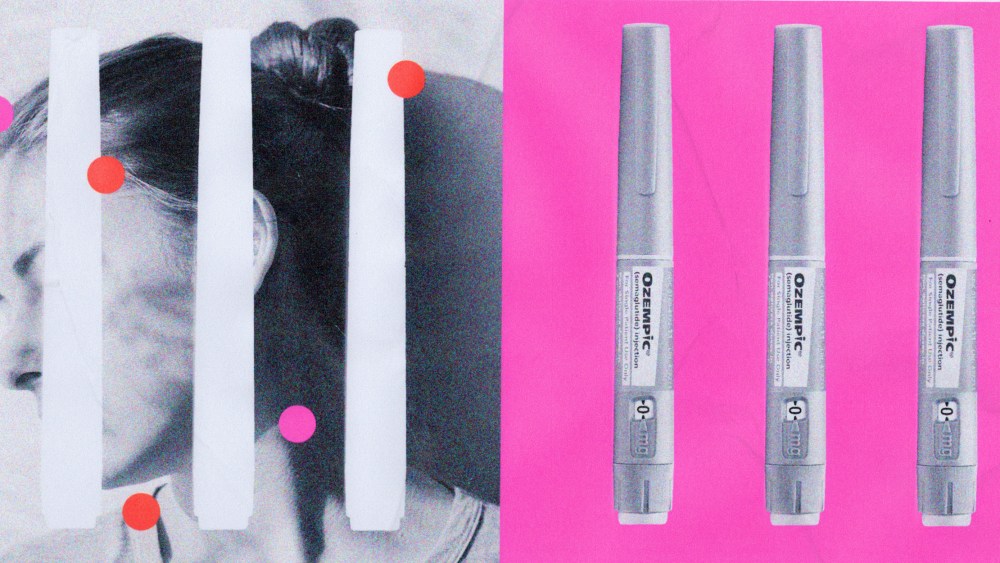 Photo illustration of Ozempic injectables; and their shapes forming cut outs over the profile of a woman's face.