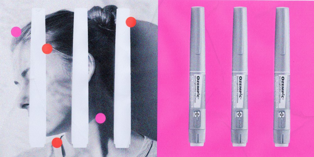 Photo illustration of Ozempic injectables; and their shapes forming cut outs over the profile of a woman's face.