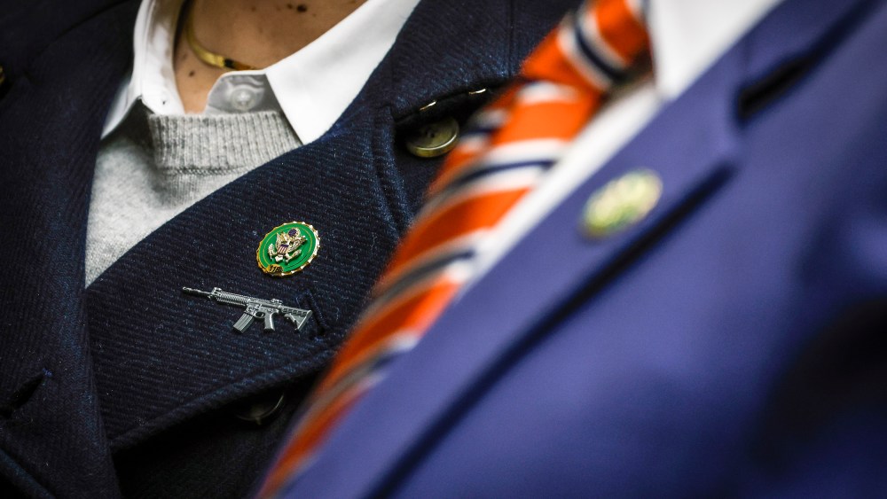 Rep. Anna Paulina Luna, R-Fla.,  wears a rifle shaped pin at a hearing with the House Oversight and Reform Committee in the Rayburn House Office Building on Feb. 1, 2023.