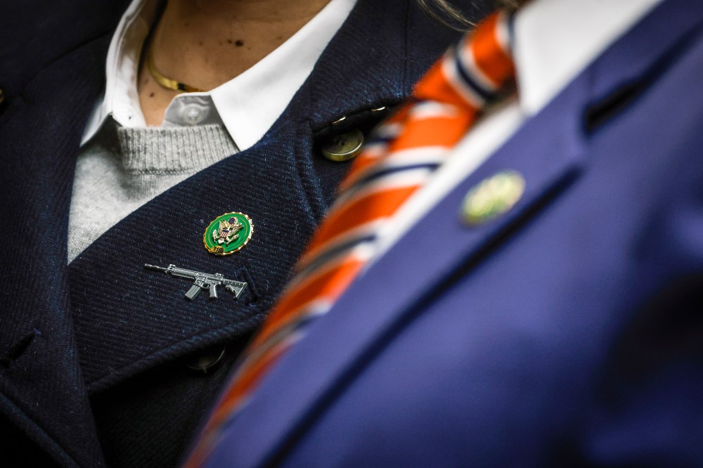 Rep. Anna Paulina Luna, R-Fla., wears a rifle shaped pin at a hearing with the House Oversight and Reform Committee in the Rayburn House Office Building on Feb. 1, 2023.