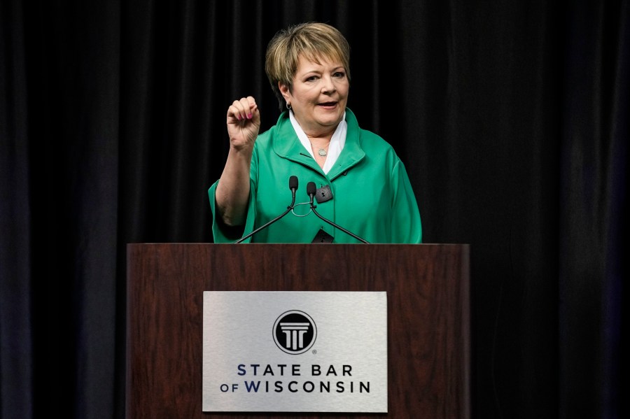 Wisconsin Supreme Court candidate Janet Protasiewicz partakes in a debate on March 21, 2023, in Madison.