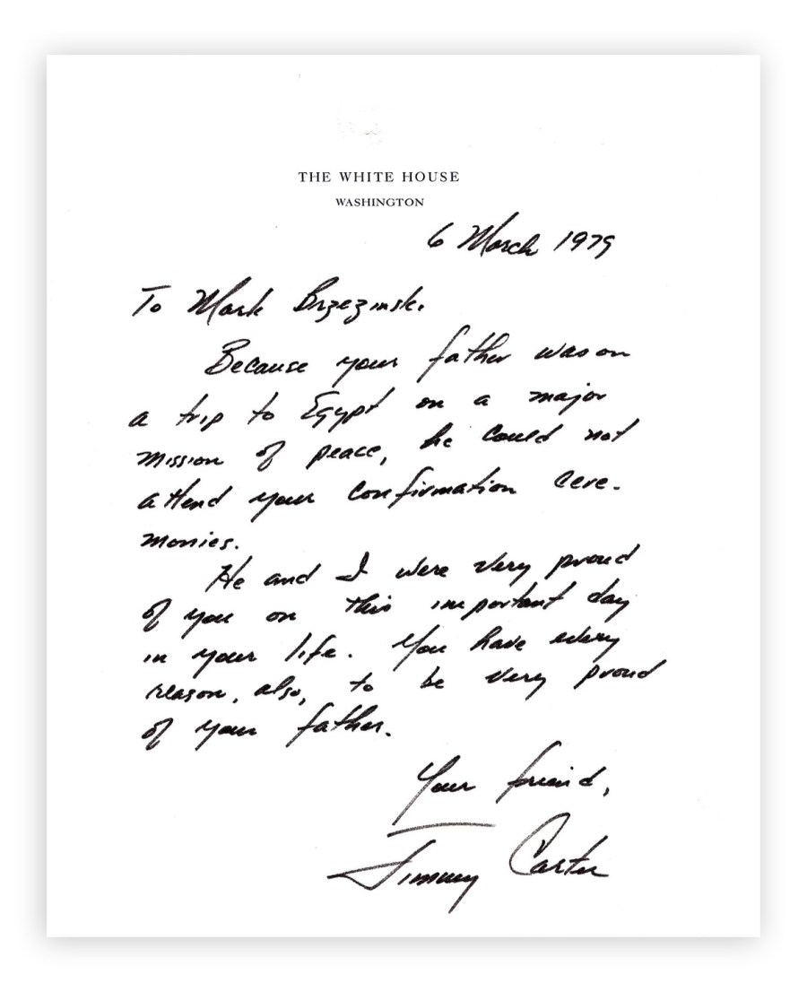 A copy of a letter President Carter sent to Mark Brzezinski in 1979.