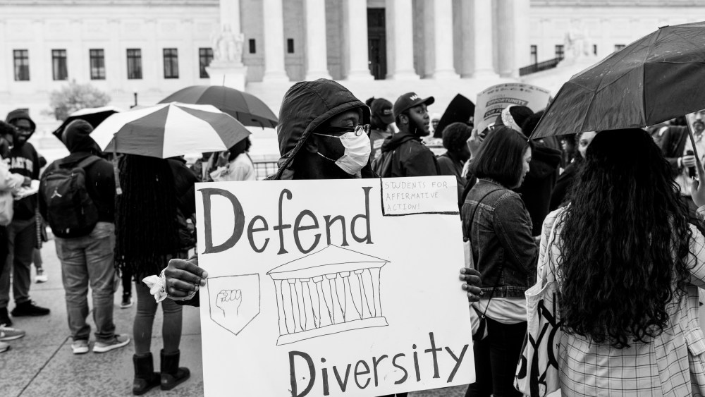 Protesters gather as affirmative action cases involving Harvard and University of North Carolina admissions are heard by the court in Washington on Oct. 31, 2022.
