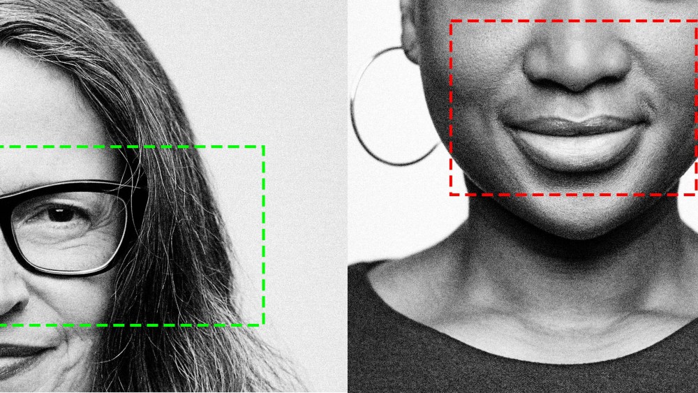 Photo Illustration: A white woman and Black woman with AI boxes over their facial features