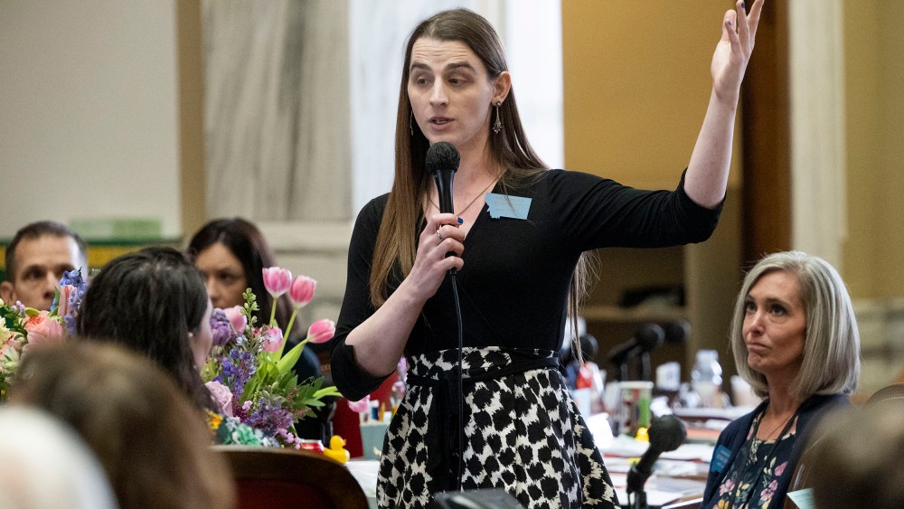 Rep. Zooey Zephyr, D-Mon., speaks on the House floor for the first time in a week during a session at the Montana State Capitol in Helena, Mont., on April 26, 2023.