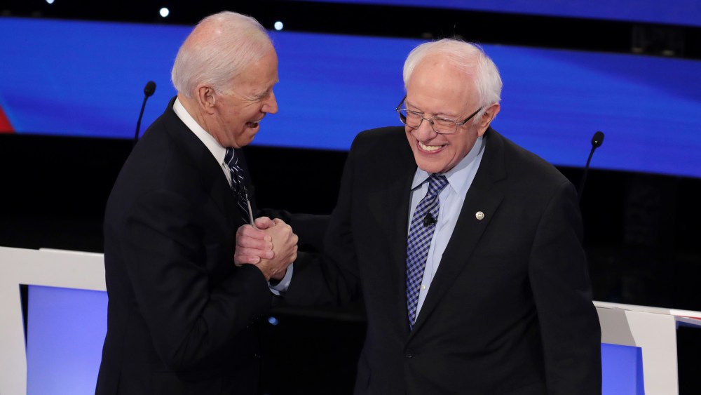 Joe Biden and Bernie Sanders at the Democratic presidential primary debate in Des Moines, Iowa