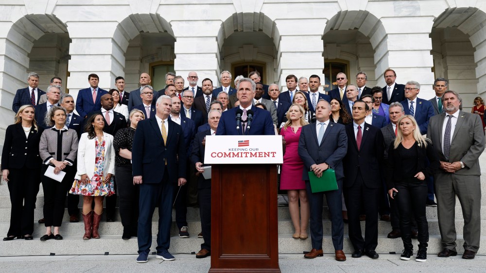 Kevin McCarthy at an event celebrating 100 days of House Republican rule at the Capitol Building