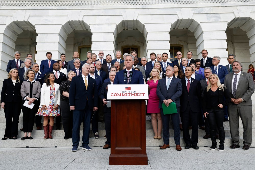 Kevin McCarthy at an event celebrating 100 days of House Republican rule at the Capitol Building