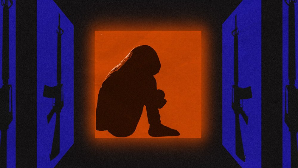 Silhouette of a young girl crouching underneath a table; two semi automatic rifles border the frame