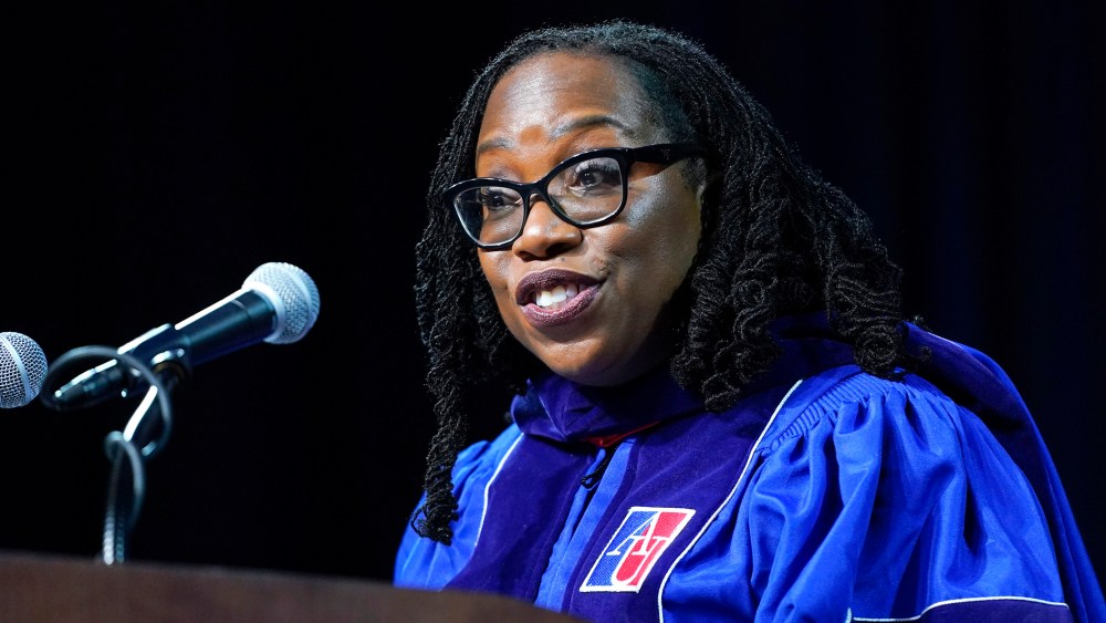 Supreme Court Associate Justice Ketanji Brown Jackson speaks at the commencement ceremony for American University's Washington College of Law, in Washington, DC., on May 20, 2023.
