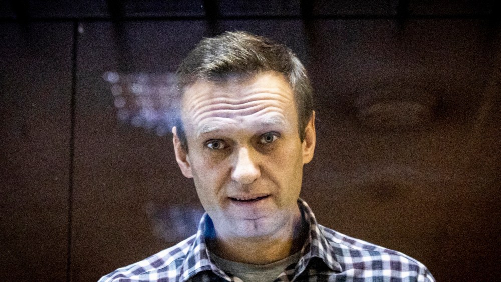 Russian opposition leader Alexei Navalny in the Babuskinsky District Court in Moscow on Feb. 20, 2021.