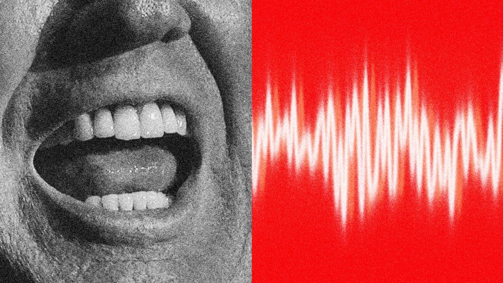 Photo Illustration: An extreme close-up image of Donald Trump's open mouth next to sound waves