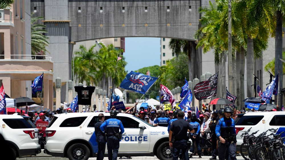 Trump supporters rally outside the courthouse on June 13, 2023, in Miami after former President Donald Trump arrived at the federal court.