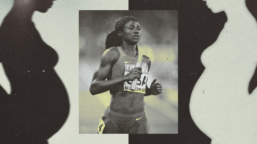 Collage of Tori Bowie and silhouettes of two pregnant bodies
