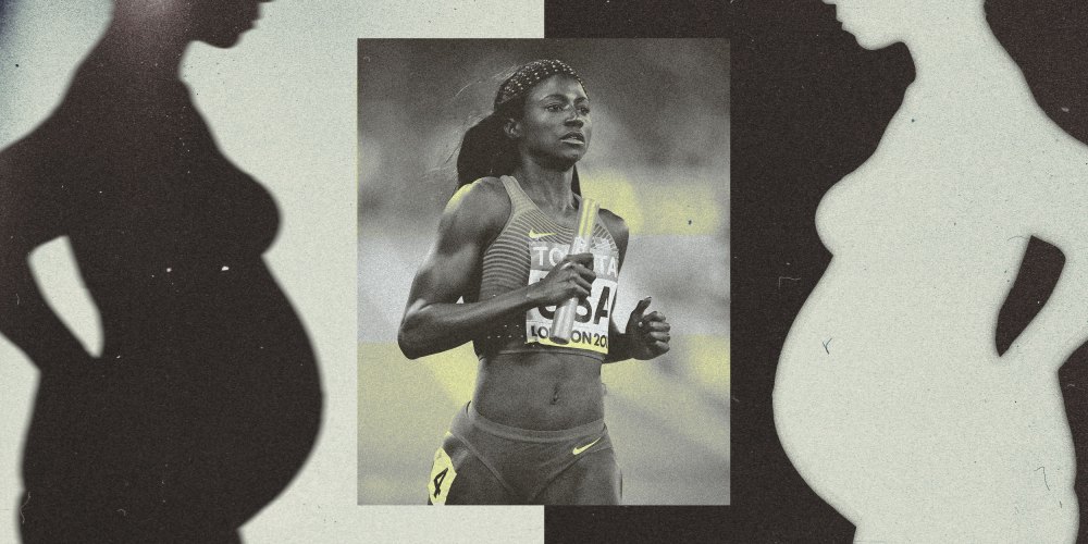 Collage of Tori Bowie and silhouettes of two pregnant bodies