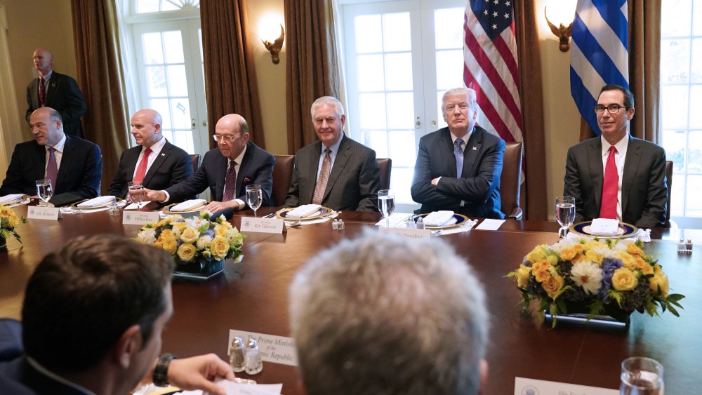 From left, Gary Cohn, H.R. McMaster, Wilbur Ross, Rex Tillerson, Donald Trump and Steve Mnuchin in the Cabinet Room