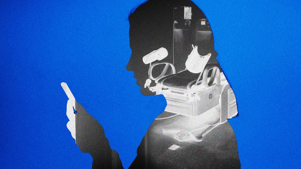 Image: Silhouette of woman on blue background while looking at phone, side view, with an image of a OBGYN exam table.