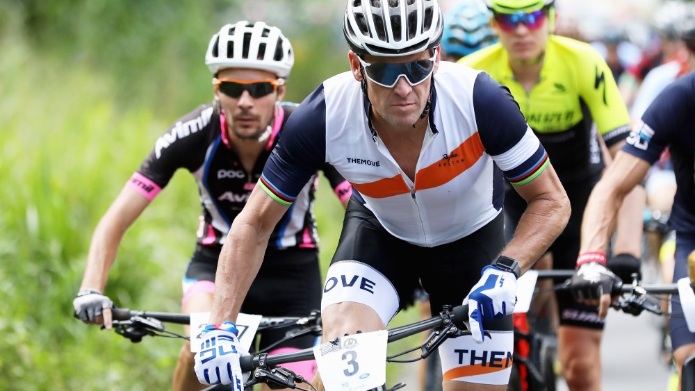 Lance Armstrong of the United States during the rolling start on Day 3 of La Ruta de Los Conquistadores in Limon, Costa Rica in 2018.