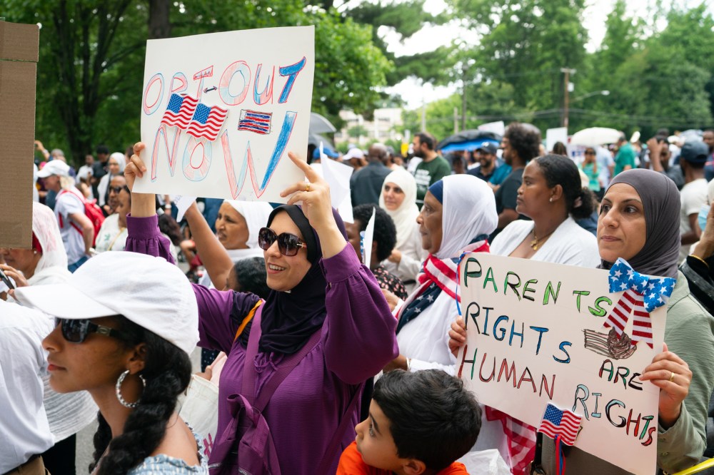 Parents protest to opt out of books that feature LGBTQ characters in Montgomery County schools in Rockville, Maryland on June 27.