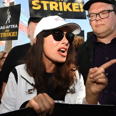 SAG-AFTRA President Fran Drescher, with National Executive Director & Chief Negotiator, Duncan Crabtree-Ireland., right. joins Writers Guild members at a picket line outside Netflix in Los Angeles on July 14, 2023.