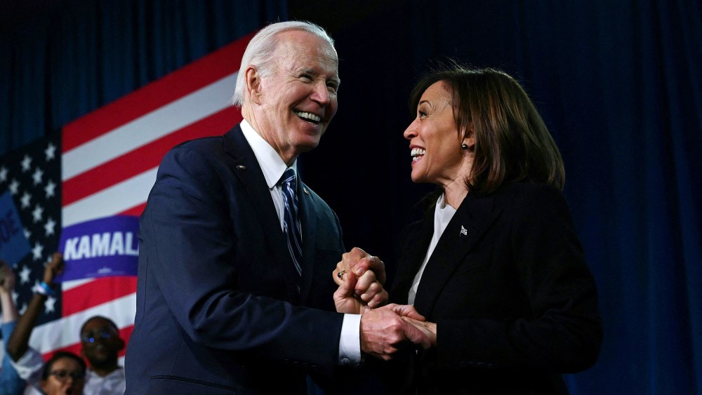 Joe Biden and Kamala Harris at the Democratic National Committee Winter meeting in Philadelphia,  on Feb. 3, 2023.