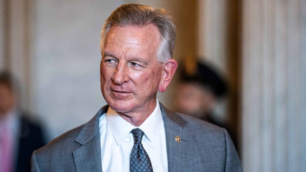 Tommy Tuberville, R-Ala., speaks to reporters outside the Senate chamber in the Capitol on July 13, 2023.