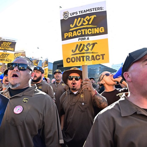 UPS workers demonstrate during a Teamsters Union rally in Los Angeles