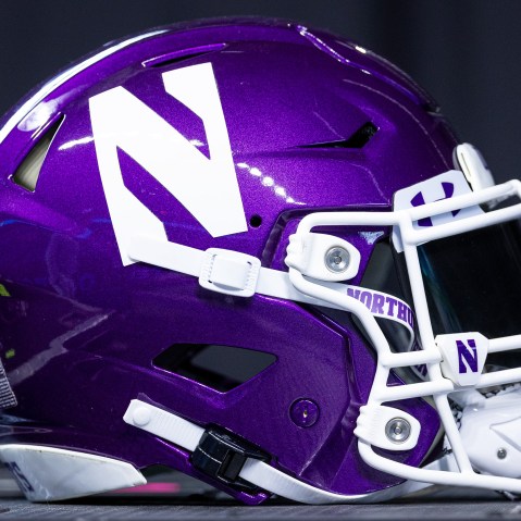 A Northwestern Wildcats helmet is seen at Big Ten football media days at Lucas Oil Stadium on July 26, 2023 in Indianapolis, Indiana.