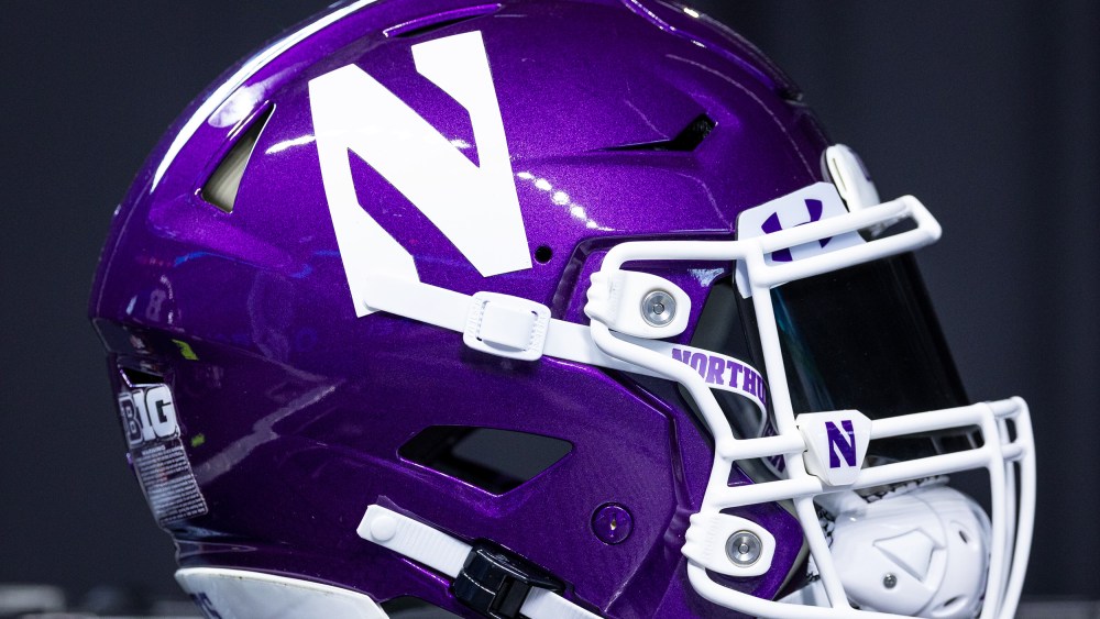 A Northwestern Wildcats helmet is seen at Big Ten football media days at Lucas Oil Stadium on July 26, 2023 in Indianapolis, Indiana.