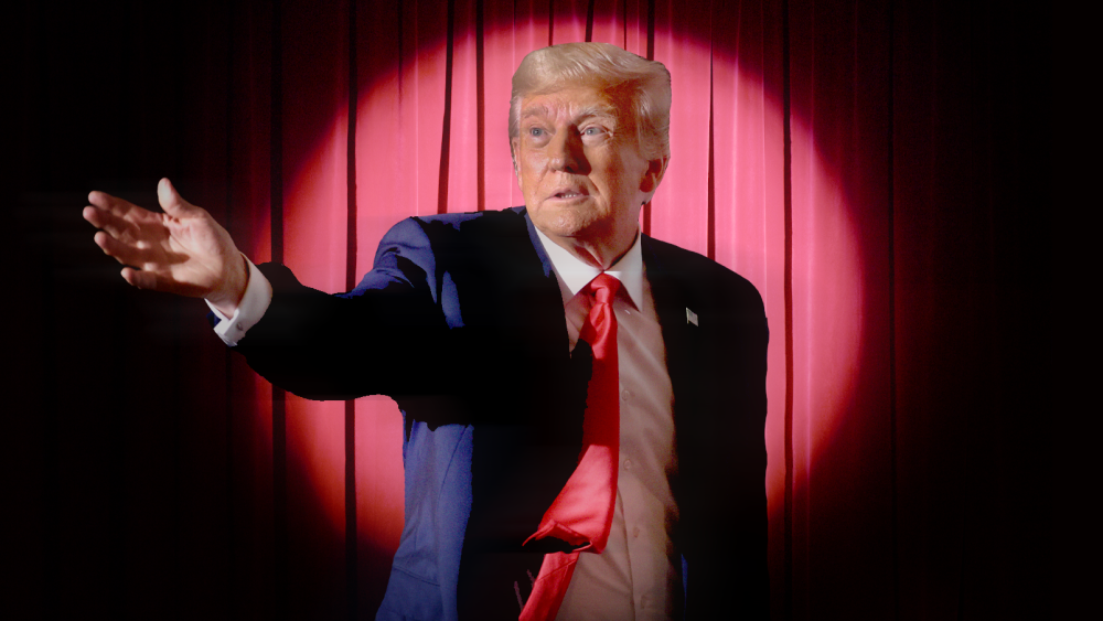 Photo Illustration: Donald Trump standing in a spotlight, waving his hand in a dramatic gesture