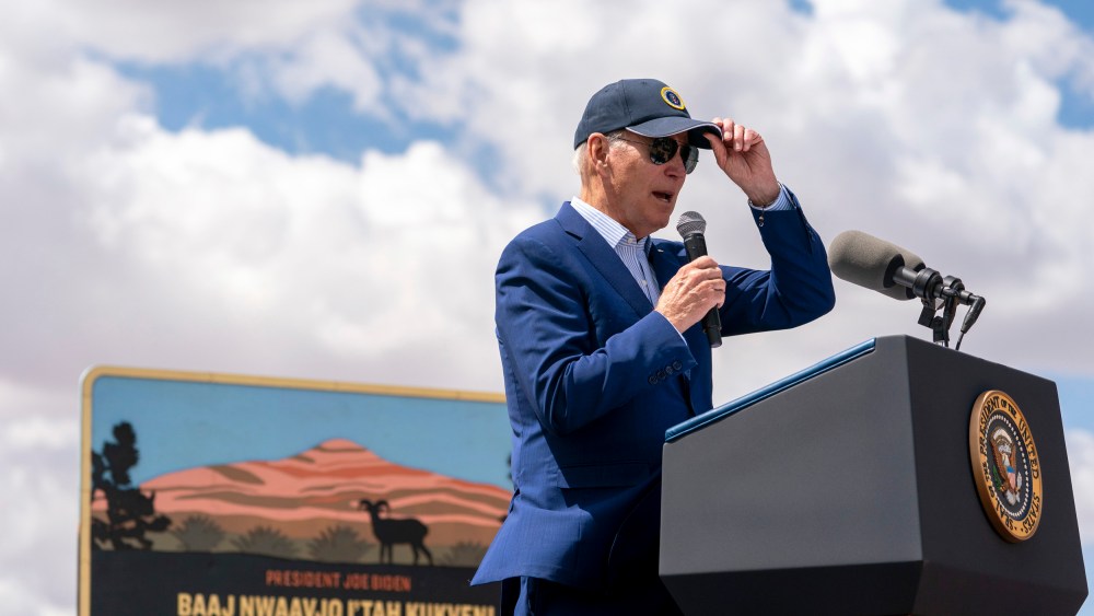 President Joe Biden speaks while designating the Baaj Nwaavjo I'Tah Kukveni National Monument in Tusayan, Ariz.