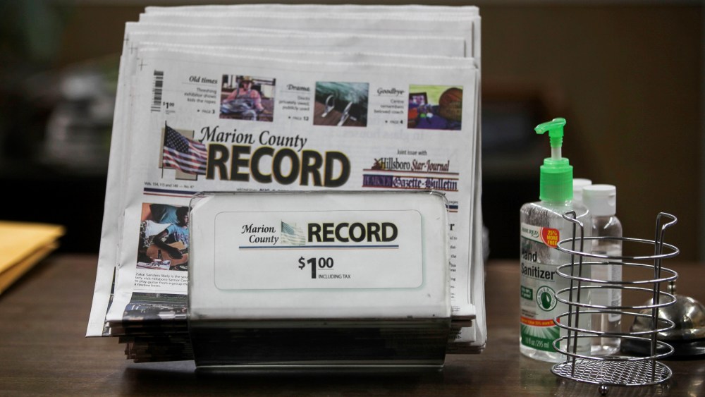 The last printed issue of the Marion County Record in the paper's office in Marion, Kan., on Aug. 13, 2023.